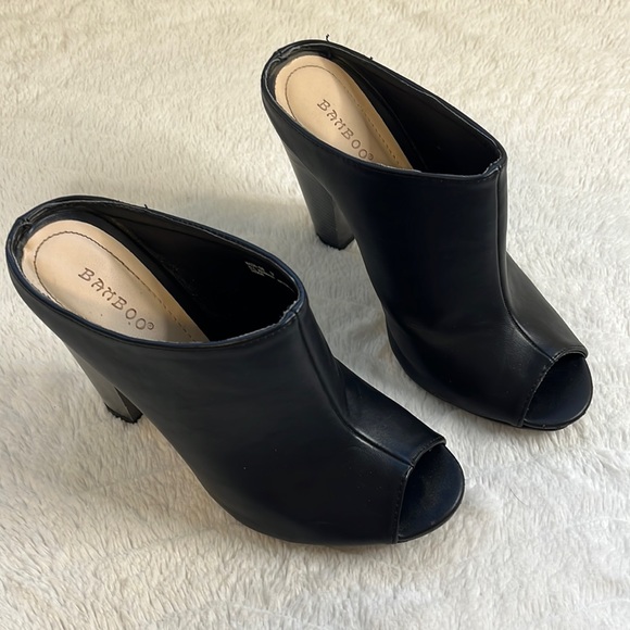 Bamboo Mash black block heel peep toe mules, women’s size 9 - Picture 3 of 10